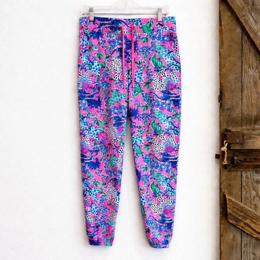 Lilly Pulitzer Mallie Knit Pants Pink Animal Print Cotton Size Medium Joggers